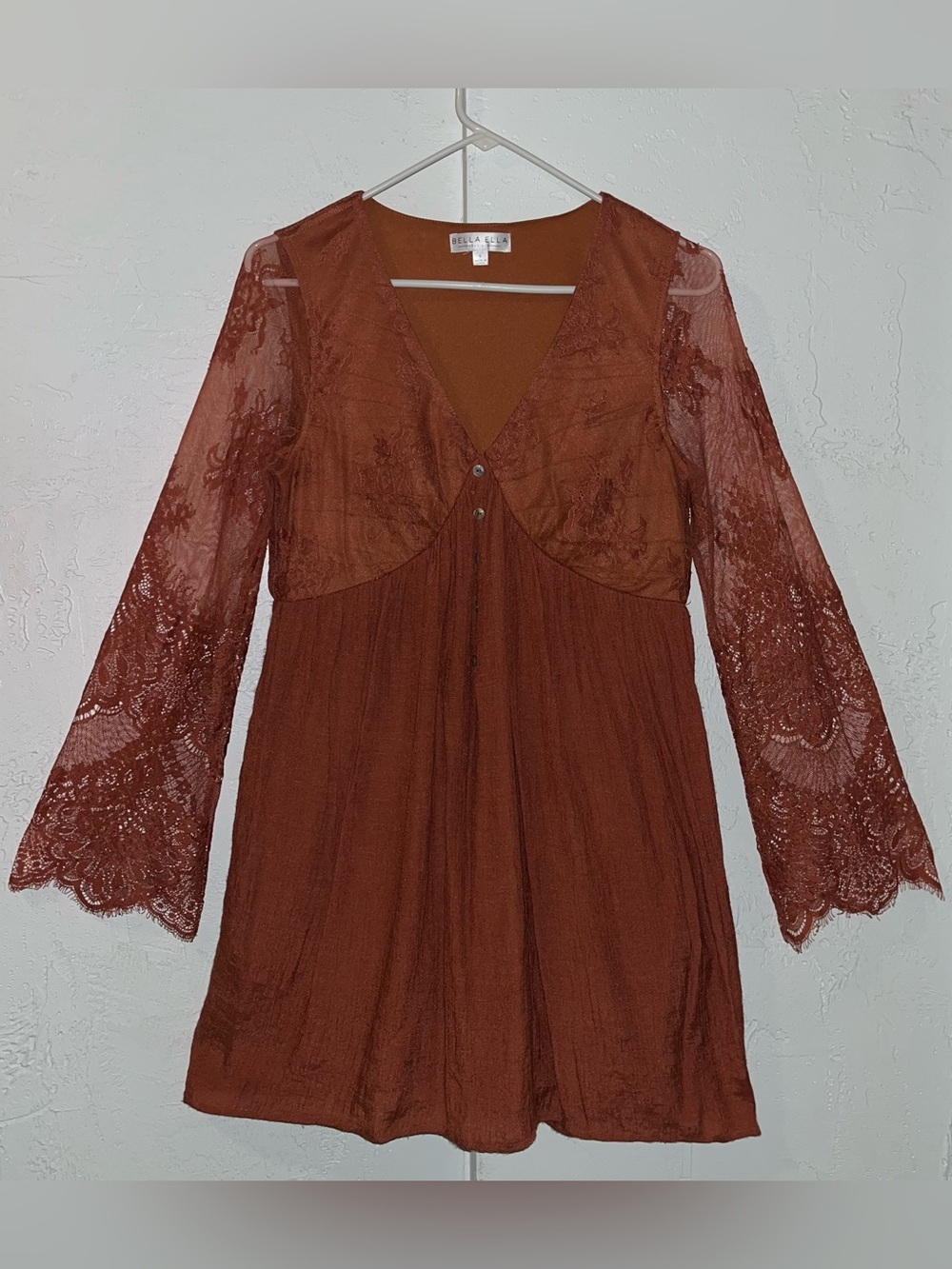 Bella Ella Boutique Rust Colored Babydoll Dress with Sheer Lace Sleeves